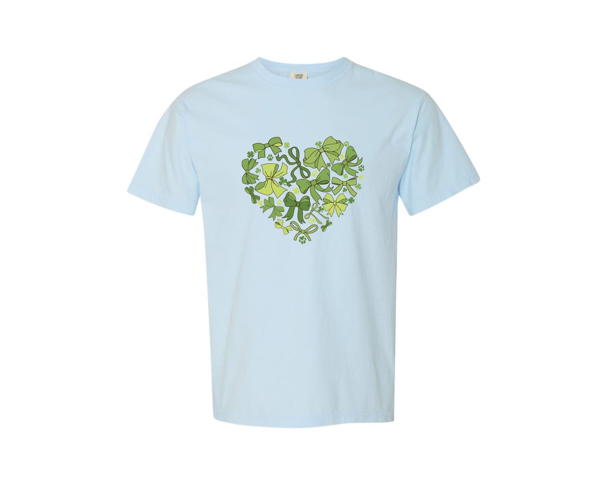 brand:Comfort Colors|color:Chambray|Green Bow Heart Cut File Graphic T-Shirt