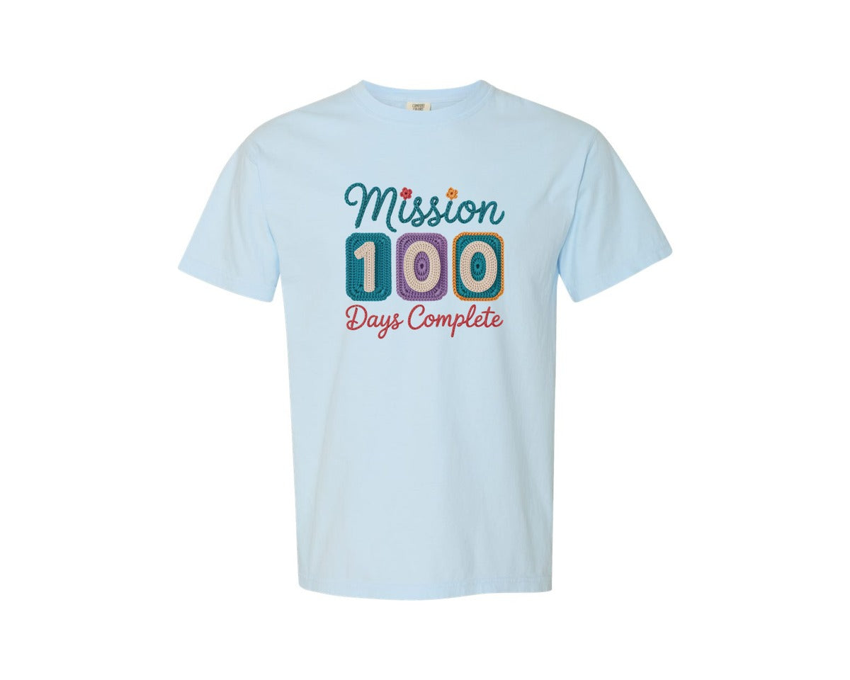 brand:Comfort Colors|color:Chambray|Embroidery Mission 100 Days Complete Graphic T-Shirt