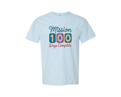 brand:Comfort Colors|color:Chambray|Embroidery Mission 100 Days Complete Graphic T-Shirt