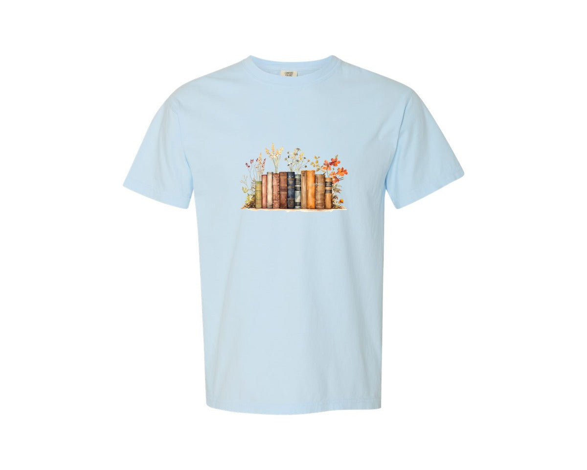 brand:Comfort Colors|color:Chambray|Retro Books Wild Flowers Fall Leaves Graphic T-Shirt