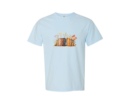 brand:Comfort Colors|color:Chambray|Retro Books Wild Flowers Fall Leaves Graphic T-Shirt