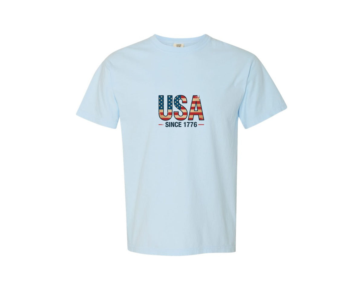 brand:Comfort Colors|color:Chambray|Usa Flag Design Since 1776 Design Graphic T-Shirt
