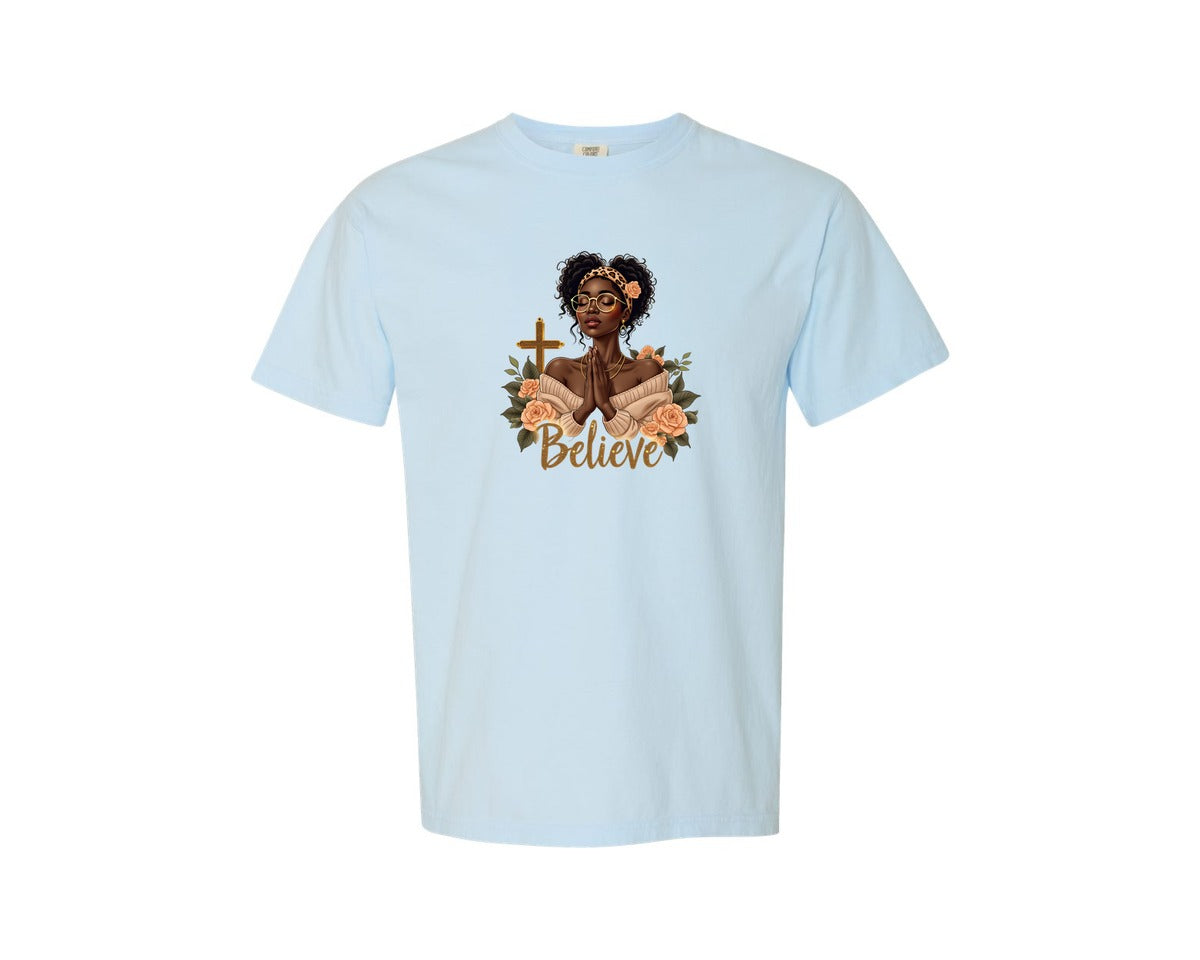 brand:Comfort Colors|color:Chambray|Christian Black Woman Messy Bun Graphic T-Shirt