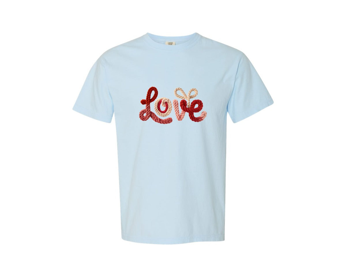 brand:Comfort Colors|color:Chambray|Faux Yarn Crochet Valentines Love Graphic T-Shirt