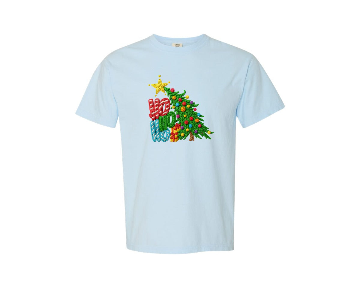 brand:Comfort Colors|color:Chambray|Yarn Crochet Hohoho Christmas Tree Graphic T-Shirt
