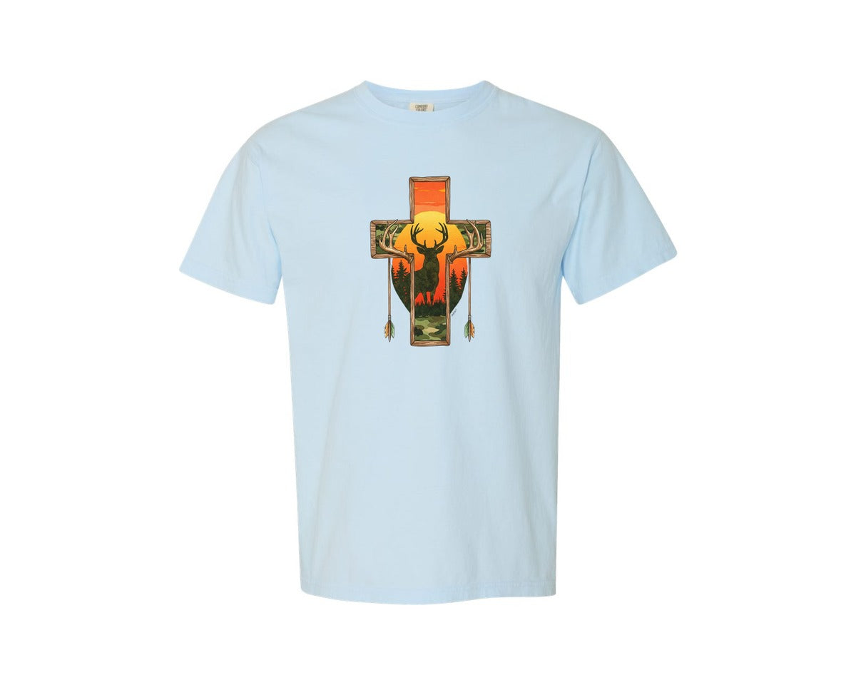 brand:Comfort Colors|color:Chambray|Deer Cross Rustic Hunting Cross Sub Graphic T-Shirt