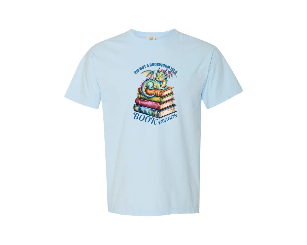 brand:Comfort Colors|color:Chambray|Im Not A Bookworm Im A Book Dragon 8 Graphic T-Shirt
