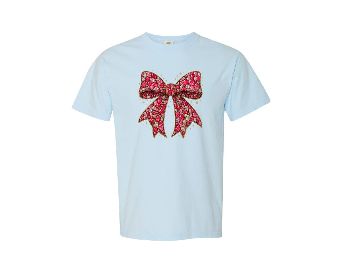 brand:Comfort Colors|color:Chambray|Faux Rhinestone Pink Bow Graphic T-Shirt