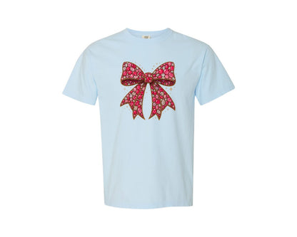 brand:Comfort Colors|color:Chambray|Faux Rhinestone Pink Bow Graphic T-Shirt