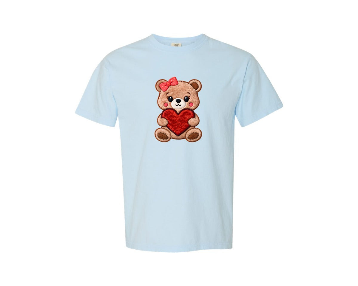 brand:Comfort Colors|color:Chambray|Faux Yarn Valentines Day Teddy Bear 14 Graphic T-Shirt
