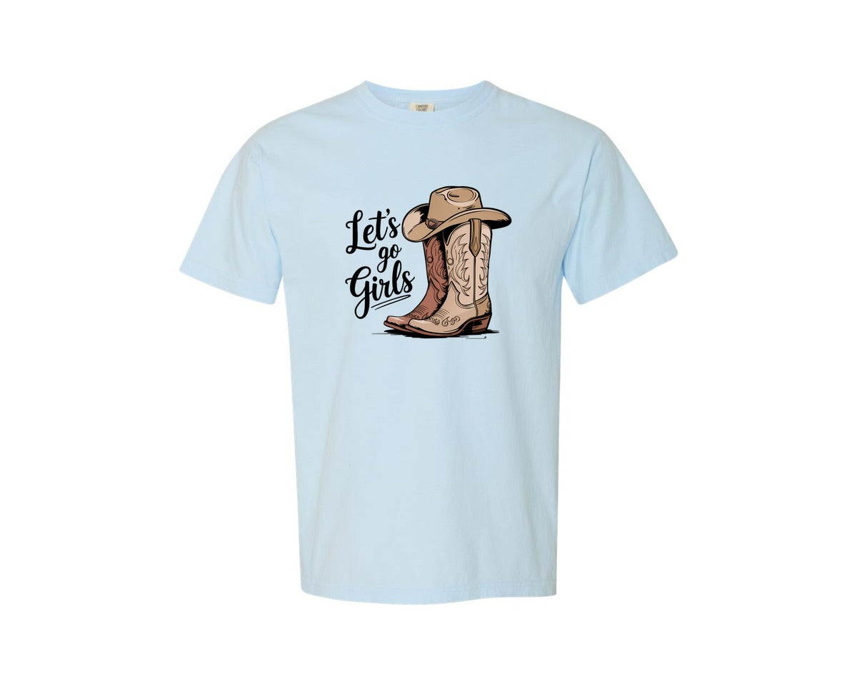 brand:Comfort Colors|color:Chambray|Lets Go Girls Cowboy Boots And Ha Graphic T-Shirt