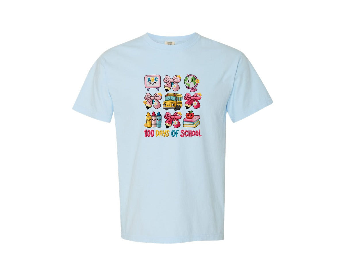 brand:Comfort Colors|color:Chambray|Faux Yarn 100 Days School Coquette Graphic T-Shirt