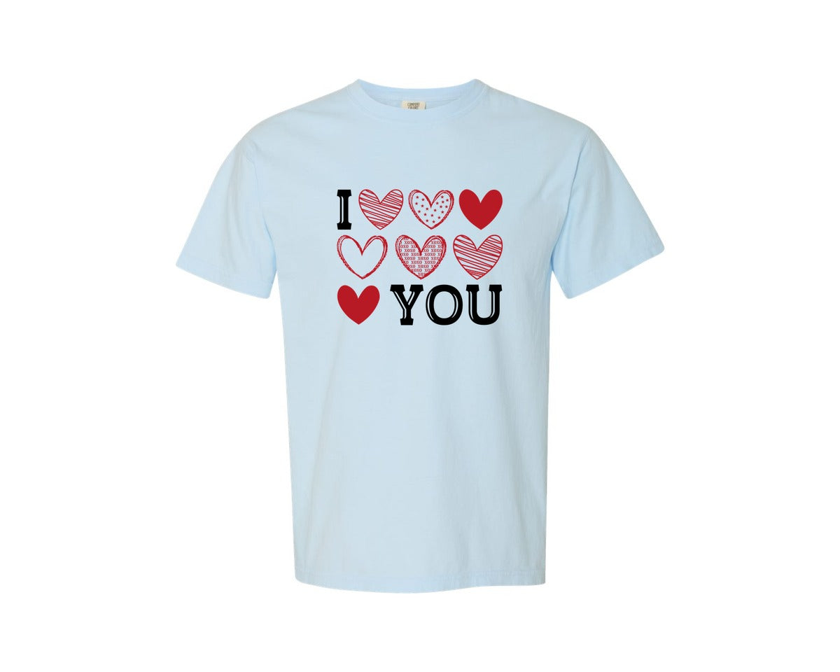 brand:Comfort Colors|color:Chambray|I Love You Hearts Valentine Day Graphic T-Shirt