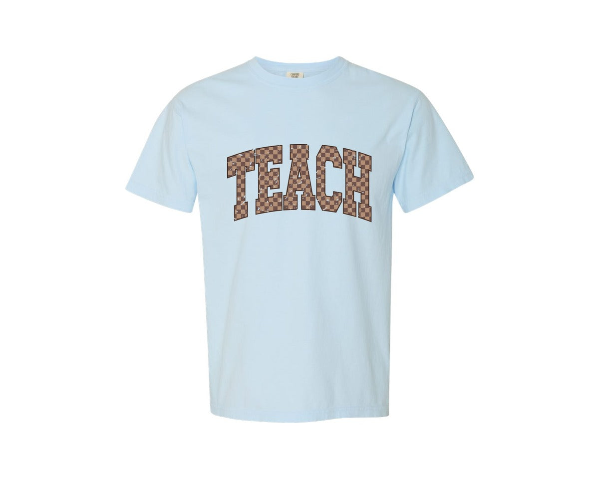 brand:Comfort Colors|color:Chambray|Teacher Retro Checkered Teach Checker Graphic T-Shirt