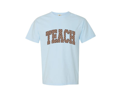 brand:Comfort Colors|color:Chambray|Teacher Retro Checkered Teach Checker Graphic T-Shirt