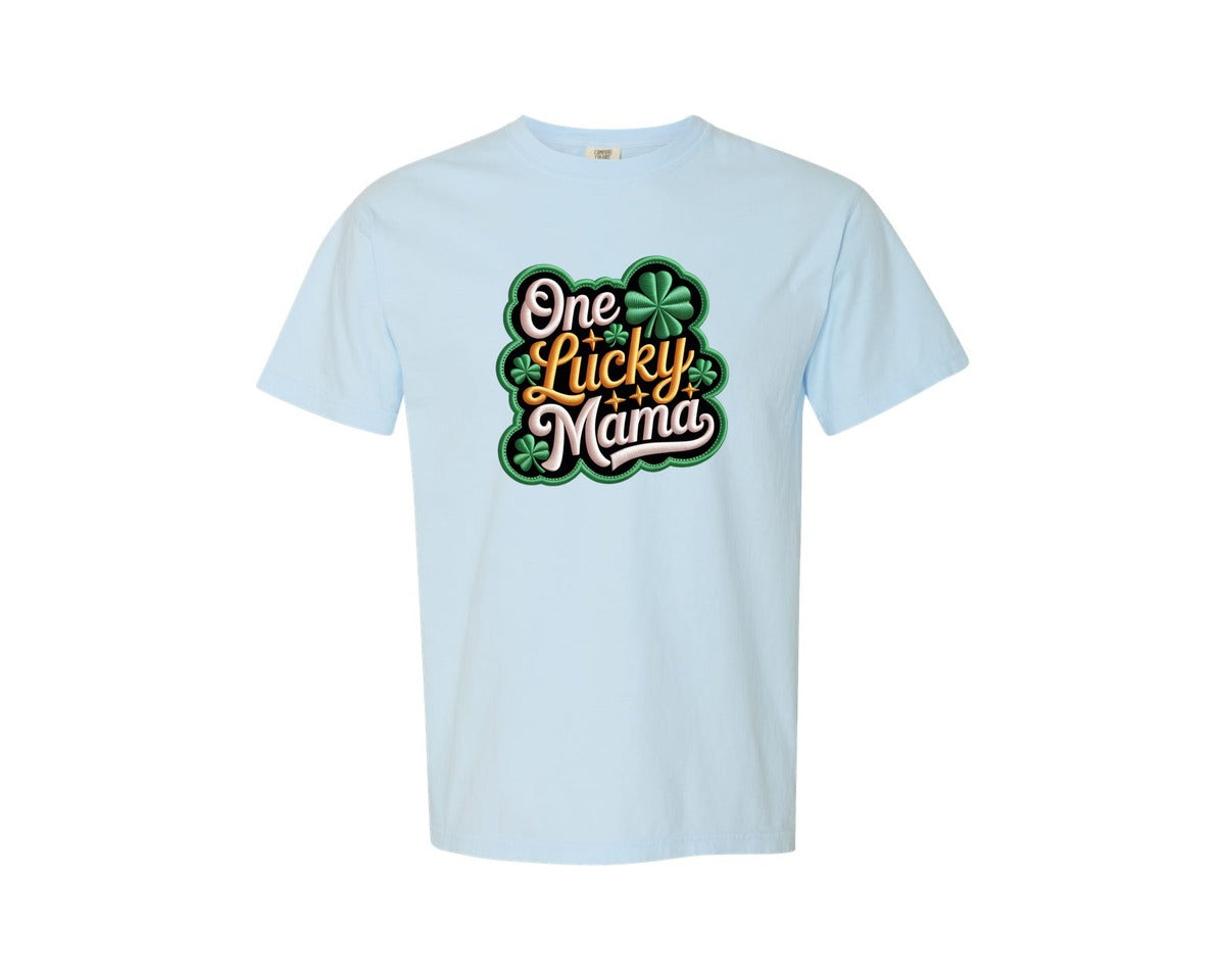 brand:Comfort Colors|color:Chambray|Crochet One Lucky Mama St Patricks Day Graphic T-Shirt