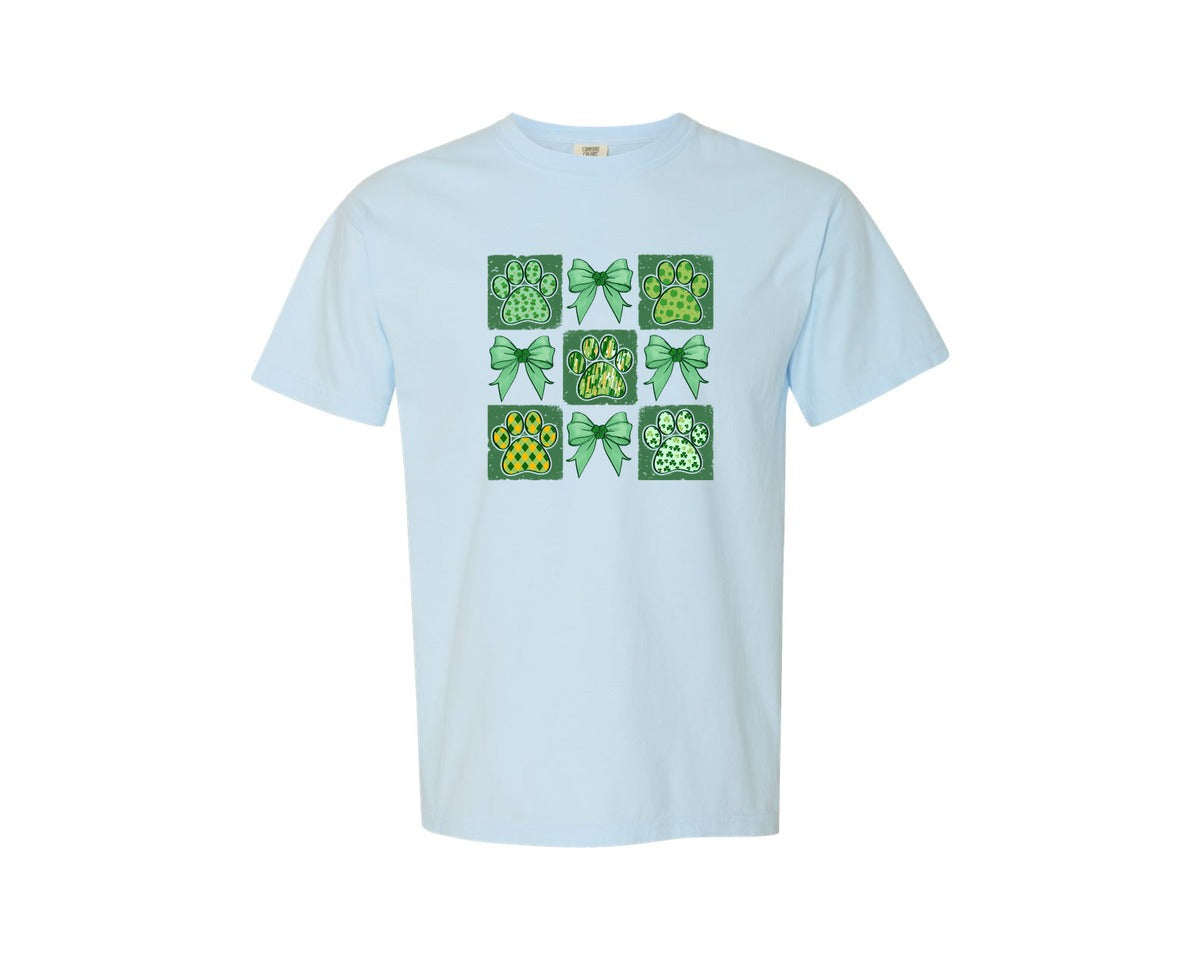 brand:Comfort Colors|color:Chambray|St Patricks Dog Paw Bow Collage Graphic T-Shirt