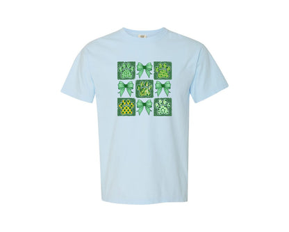 brand:Comfort Colors|color:Chambray|St Patricks Dog Paw Bow Collage Graphic T-Shirt