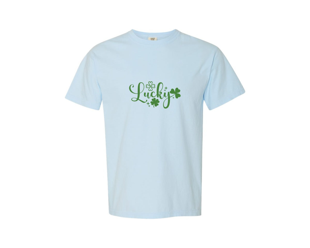 brand:Comfort Colors|color:Chambray|Lucky Coquette Bow St Pattys Graphic T-Shirt