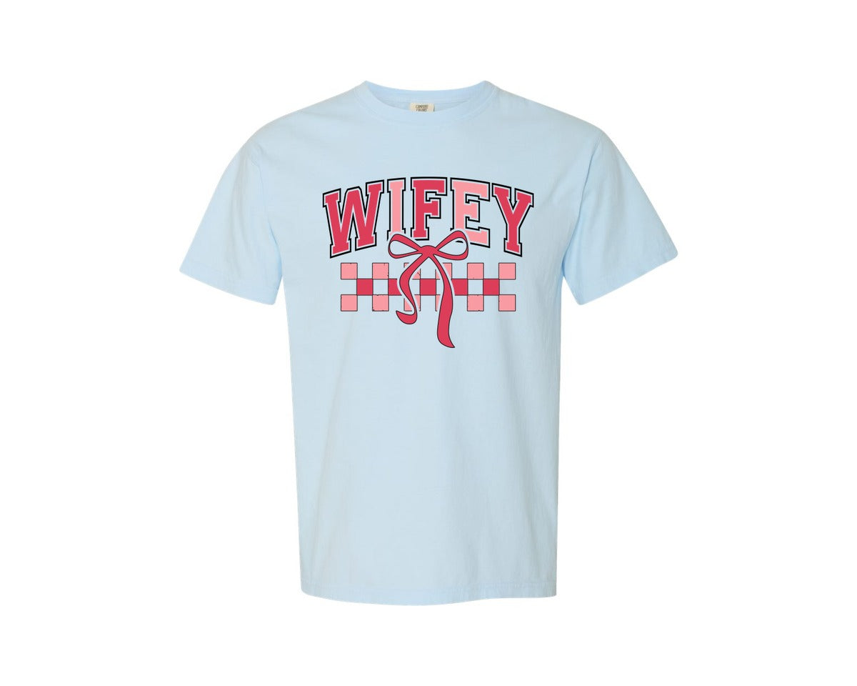 brand:Comfort Colors|color:Chambray|Wifey Retro Bow Checker Valentine Graphic T-Shirt