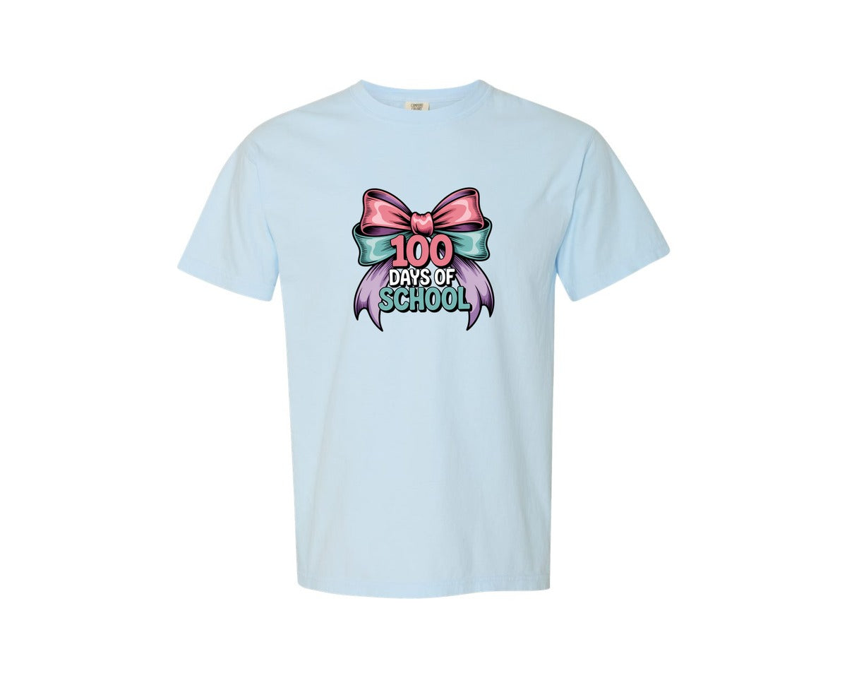brand:Comfort Colors|color:Chambray|100 Days Of School Crochet Bow 2 Graphic T-Shirt