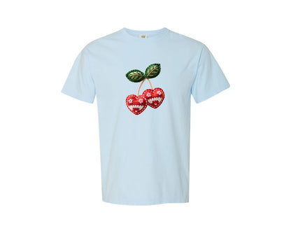 brand:Comfort Colors|color:Chambray|Faux Crochet Valentines Day Cherry 15 Graphic T-Shirt