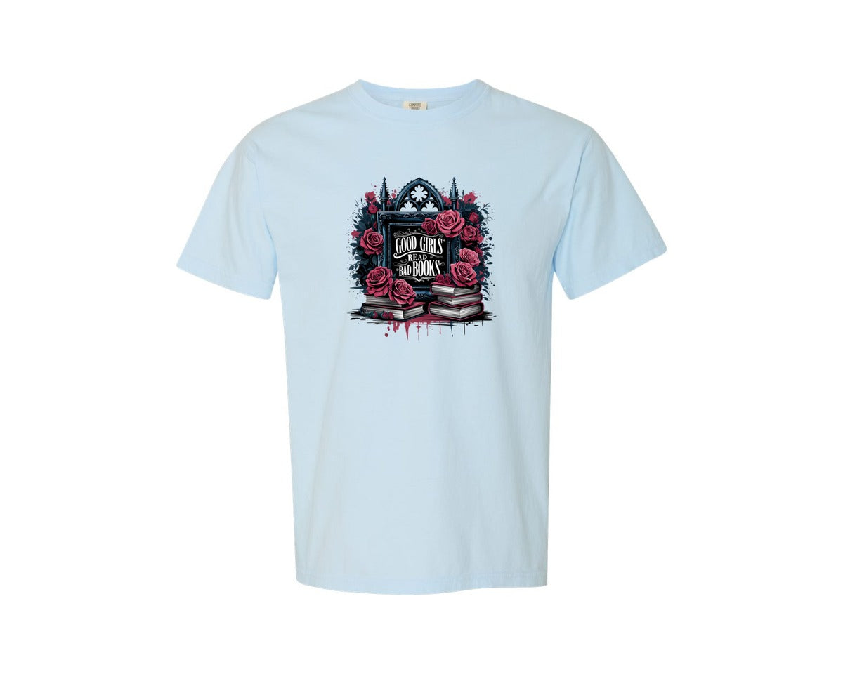 brand:Comfort Colors|color:Chambray|Good Girls Read Bad Books Gothic Graphic T-Shirt