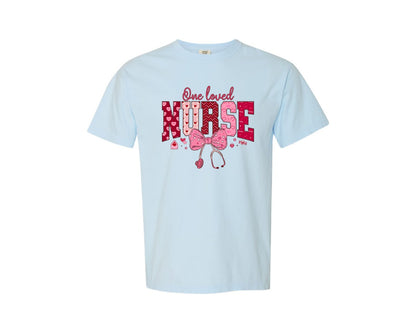 brand:Comfort Colors|color:Chambray|Coquette Nurse Valentine One Loved Nurse Graphic T-Shirt
