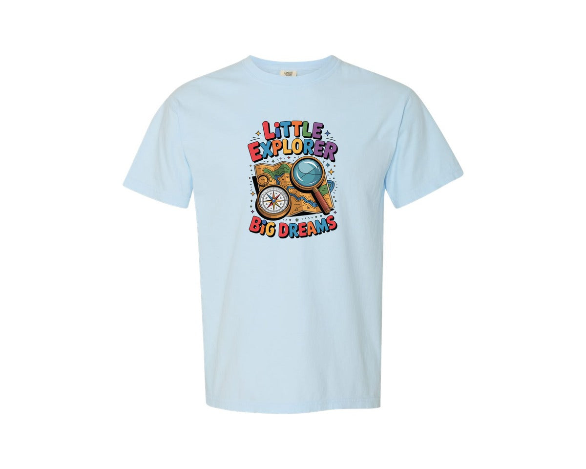 brand:Comfort Colors|color:Chambray|Little Explorer Big Dreams Space Map Graphic T-Shirt