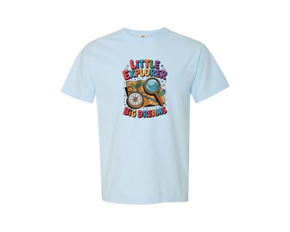 brand:Comfort Colors|color:Chambray|Little Explorer Big Dreams Space Map Graphic T-Shirt