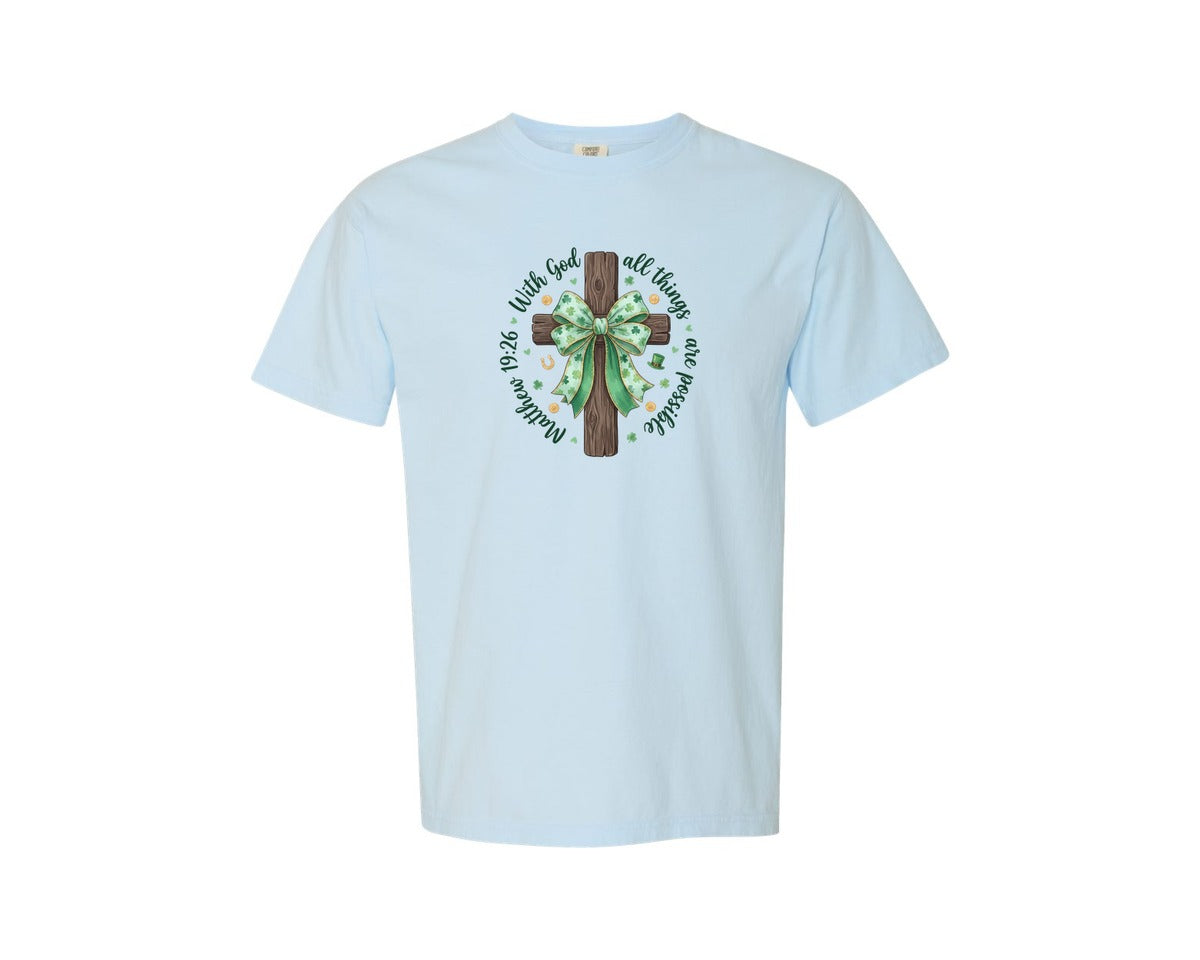 brand:Comfort Colors|color:Chambray|St Patricks Day Christian Cross Bow Graphic T-Shirt