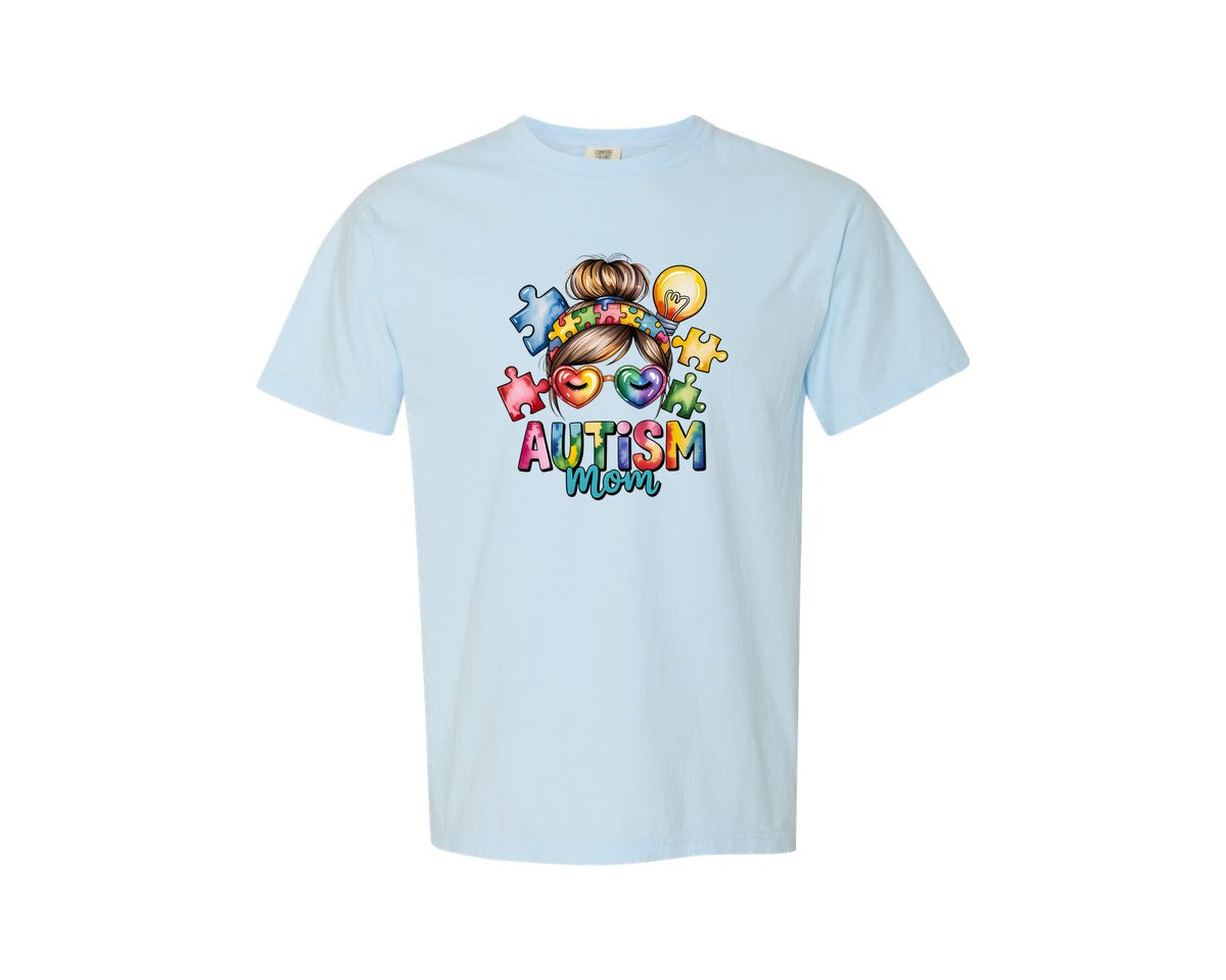 brand:Comfort Colors|color:Chambray|Autism Mom Afro Messy Bun Graphic T-Shirt