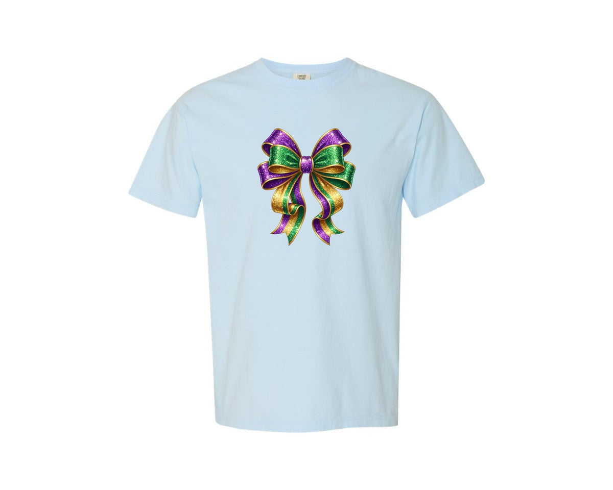 brand:Comfort Colors|color:Chambray|Mardi Gras Glitter Coquette Bow Graphic T-Shirt