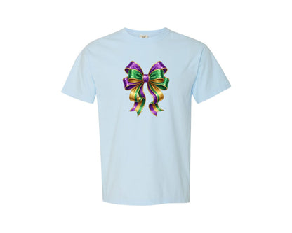 brand:Comfort Colors|color:Chambray|Mardi Gras Glitter Coquette Bow Graphic T-Shirt