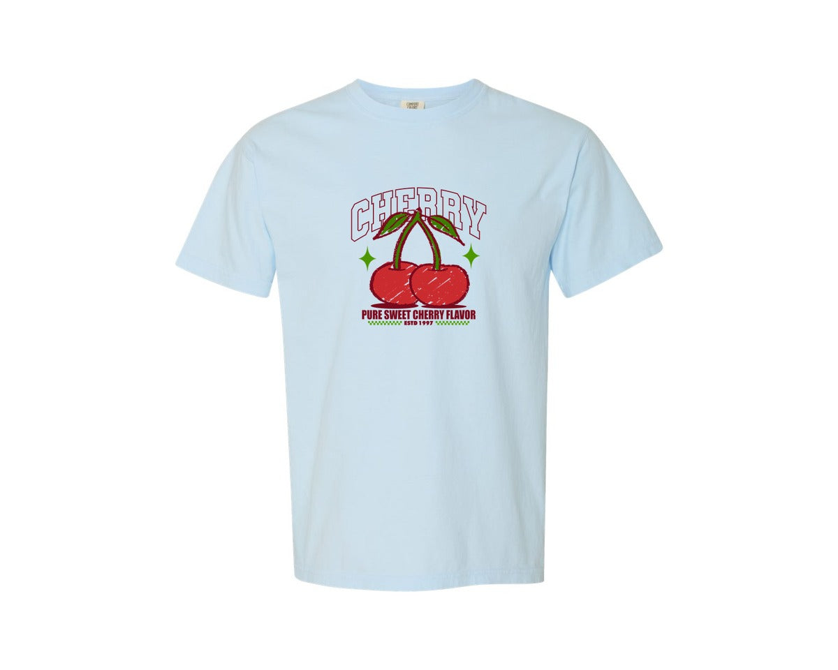 brand:Comfort Colors|color:Chambray|Cherry Illustration Vintage Print Design Graphic T-Shirt
