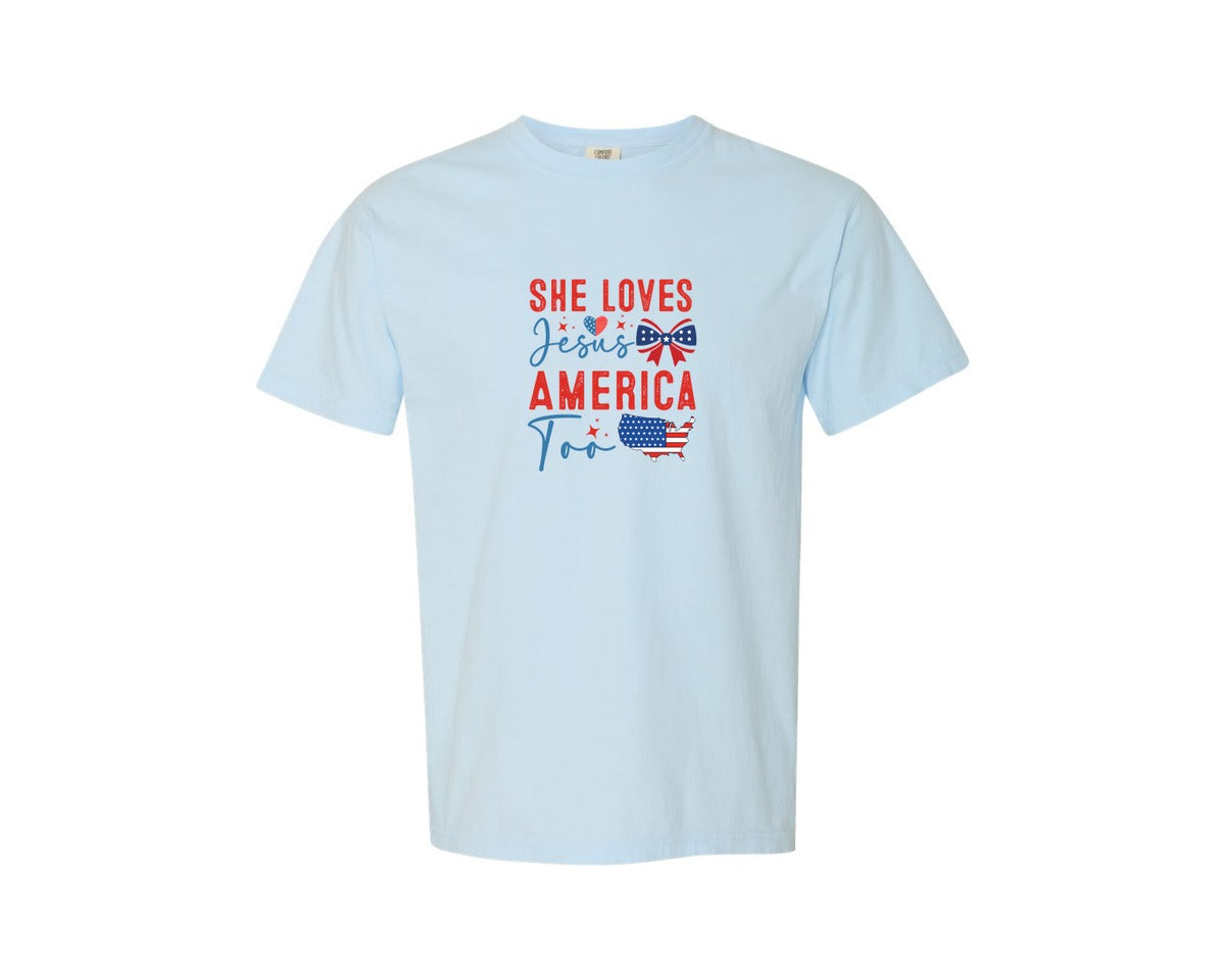 brand:Comfort Colors|color:Chambray|She Loves Jesus America Too Design 2 Graphic T-Shirt