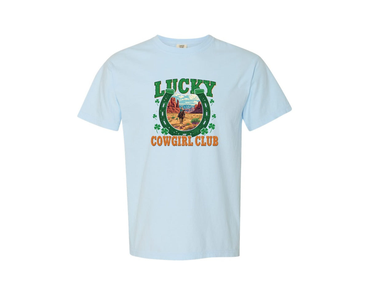 brand:Comfort Colors|color:Chambray|Lucky Cowgirl Club St Patricks Day Graphic T-Shirt