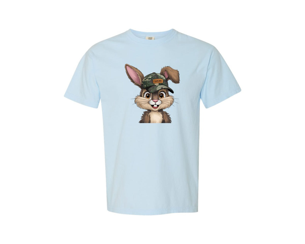 brand:Comfort Colors|color:Chambray|Camo Easter Bunny Boy Bunny Cap Graphic T-Shirt