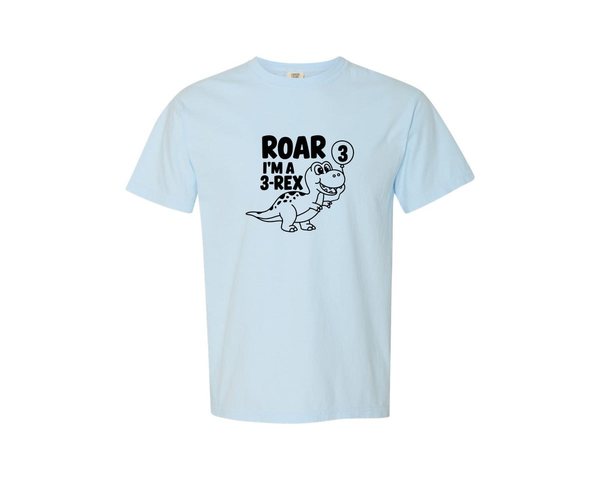 brand:Comfort Colors|color:Chambray|3 Rex Dinosaur Birthday Graphic T-Shirt