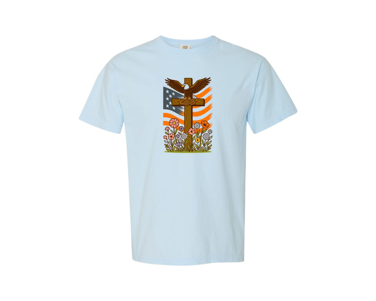 brand:Comfort Colors|color:Chambray|Patriotic Faith Eagle Cross Graphic T-Shirt