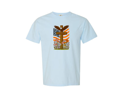 brand:Comfort Colors|color:Chambray|Patriotic Faith Eagle Cross Graphic T-Shirt