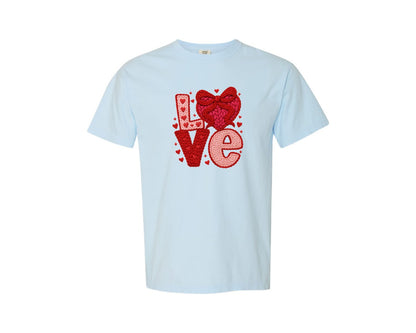 brand:Comfort Colors|color:Chambray|Faux Crochet Coquette Valentines Day Graphic T-Shirt