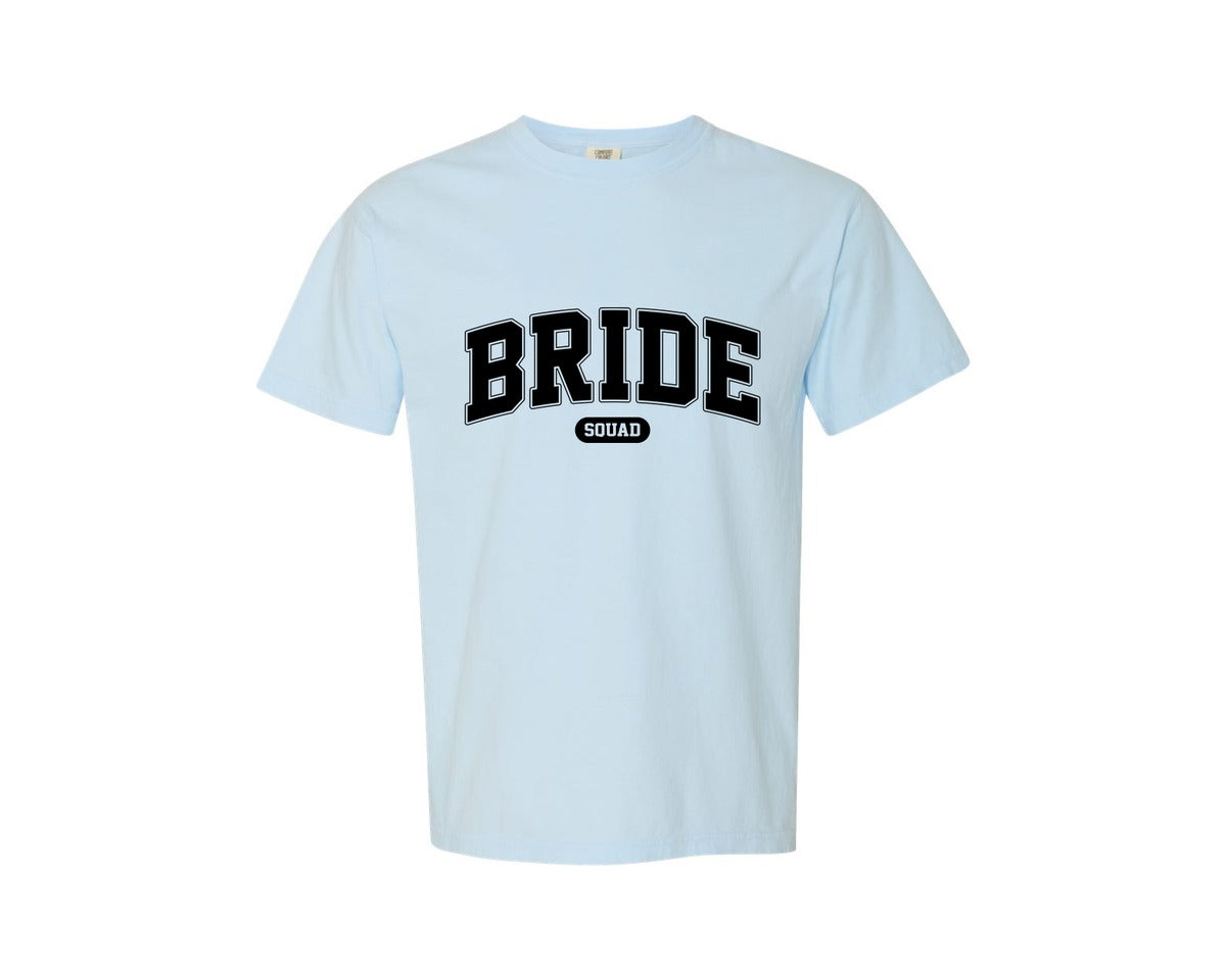 brand:Comfort Colors|color:Chambray|Bride Squad Retro Varsity Graphic T-Shirt