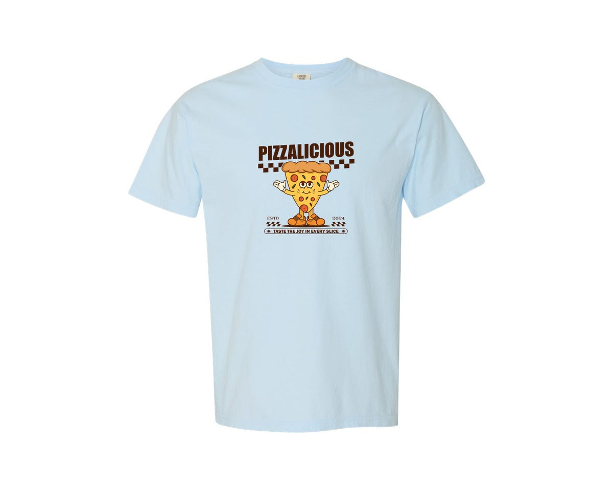 brand:Comfort Colors|color:Chambray|Vintage Slice Pizza Cartoon Character Graphic T-Shirt