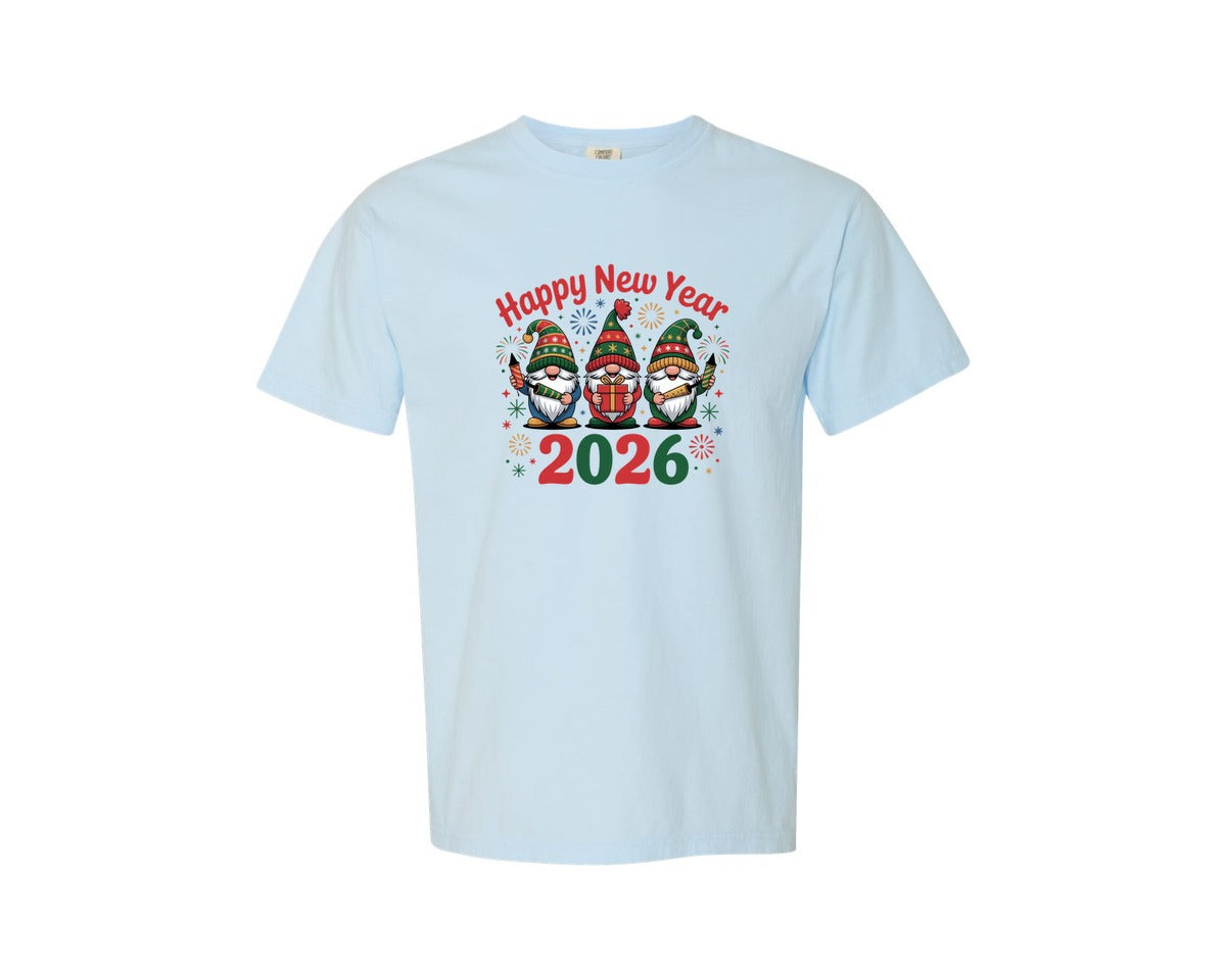 brand:Comfort Colors|color:Chambray|Happy New Year 2026 Gnomes Graphic T-Shirt