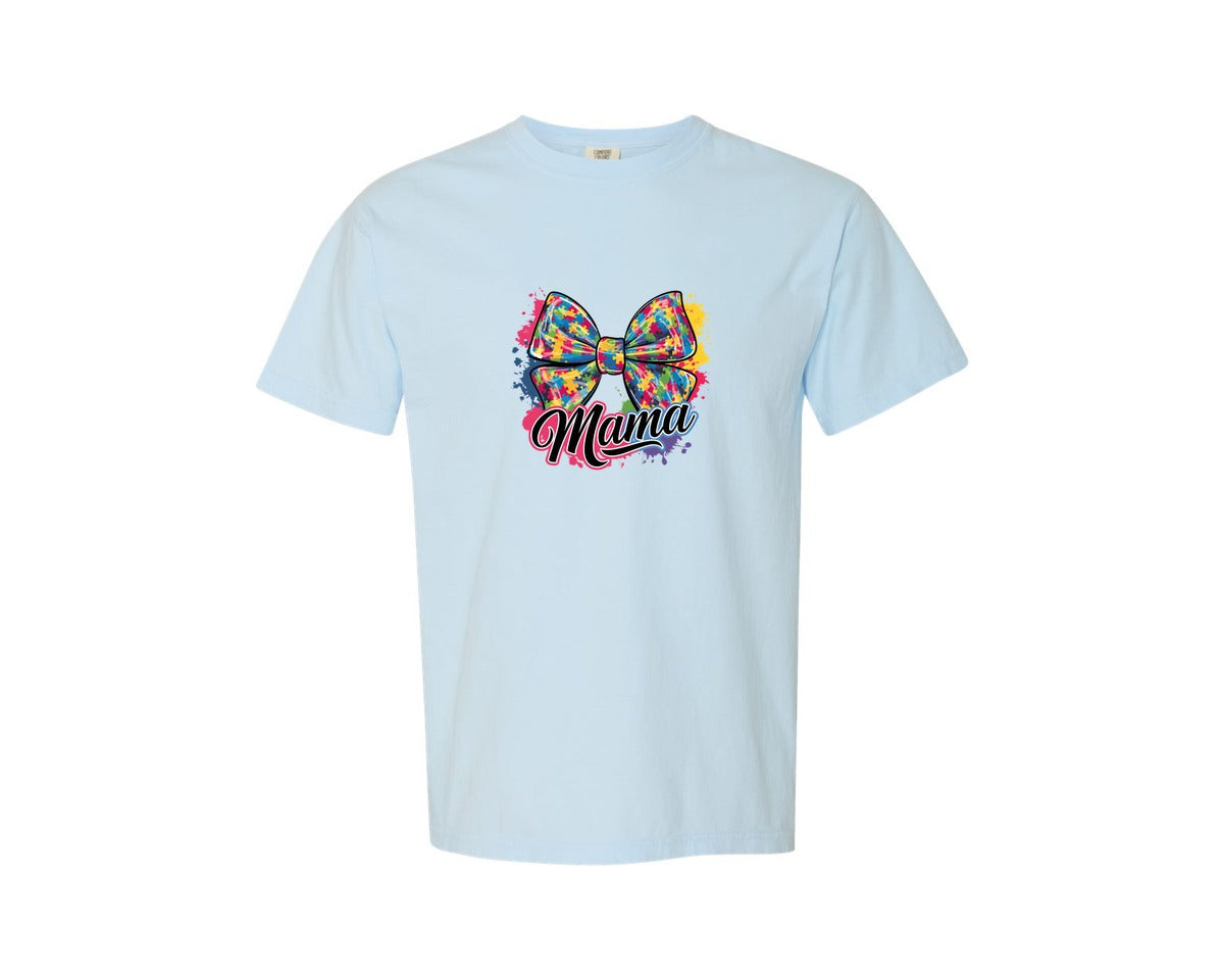 brand:Comfort Colors|color:Chambray|Autism Mama Colorful Puzzle Bow Art Graphic T-Shirt