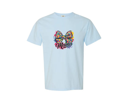 brand:Comfort Colors|color:Chambray|Autism Mama Colorful Puzzle Bow Art Graphic T-Shirt