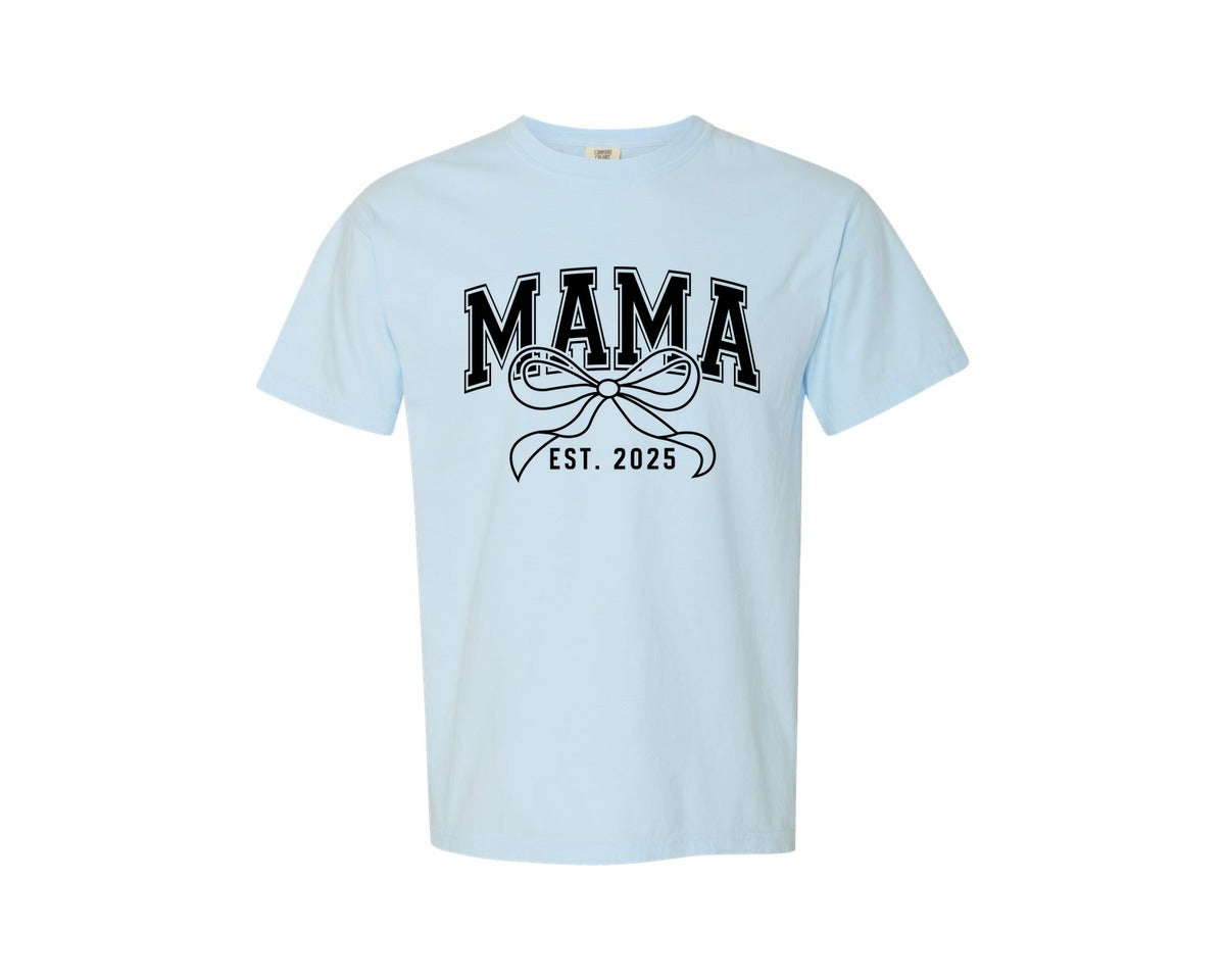 brand:Comfort Colors|color:Chambray|Mama Bow Varsity Graphic T-Shirt