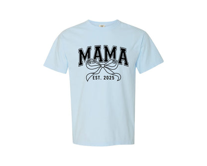 brand:Comfort Colors|color:Chambray|Mama Bow Varsity Graphic T-Shirt
