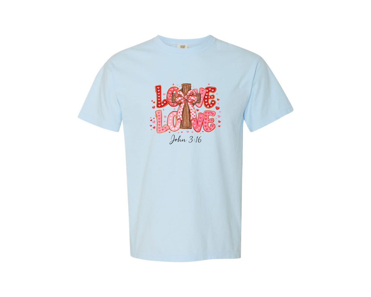 brand:Comfort Colors|color:Chambray|Loved John 3 16 Pngpink Valentine Heart Graphic T-Shirt